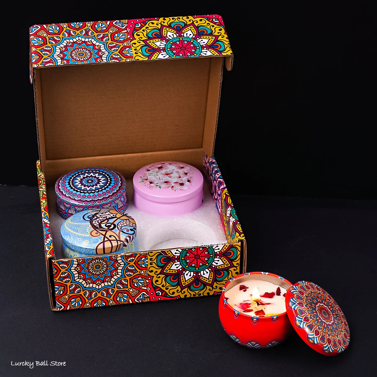 4 Piece Natural Candle Box with dried Flowers and Crystal Stones