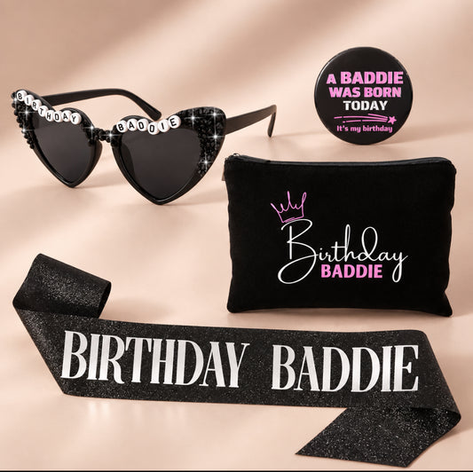 Birthday Baddie | Sash Makeup Bag Birthday Button & Sun Gasses