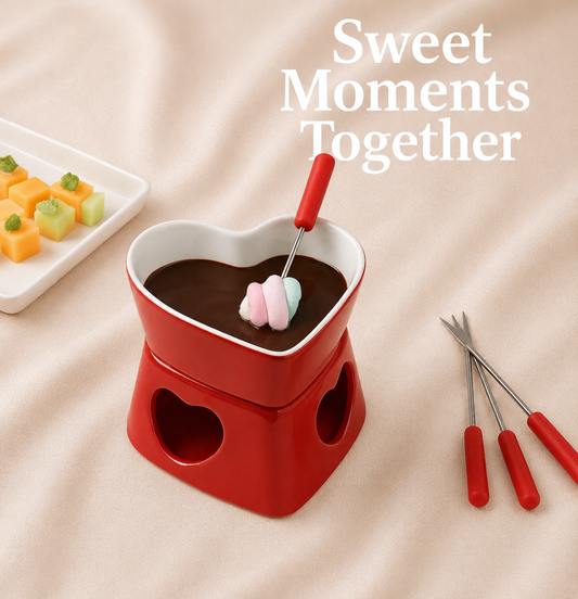 Large Heart Ceramic Chocolate Melting Cup - With 4 Forks