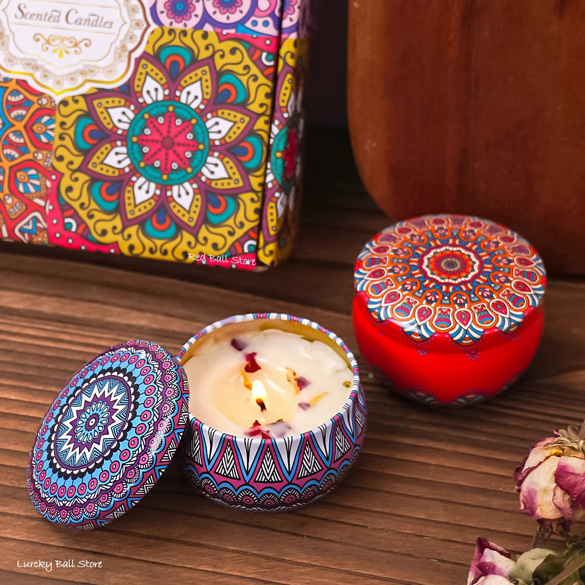 4 Piece Natural Candle Box with dried Flowers and Crystal Stones