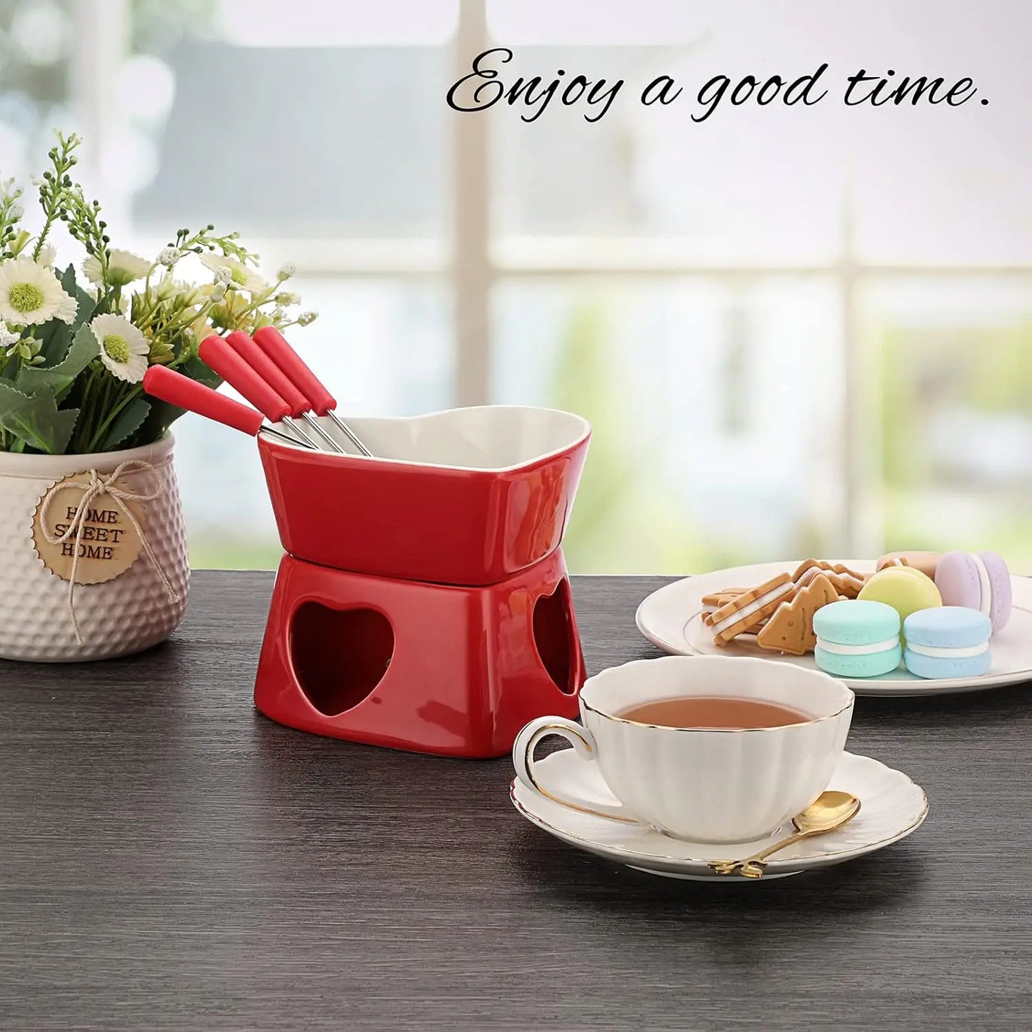 Large Heart Ceramic Chocolate Melting Cup - With 4 Forks
