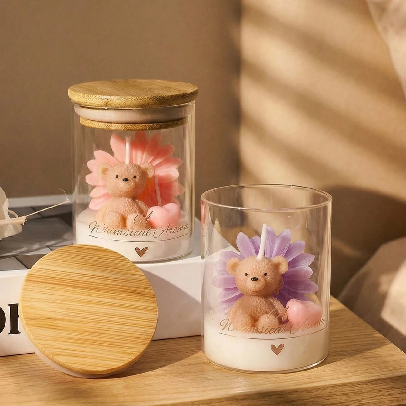 Teddy Bear and Flower Candle in Glass Jar