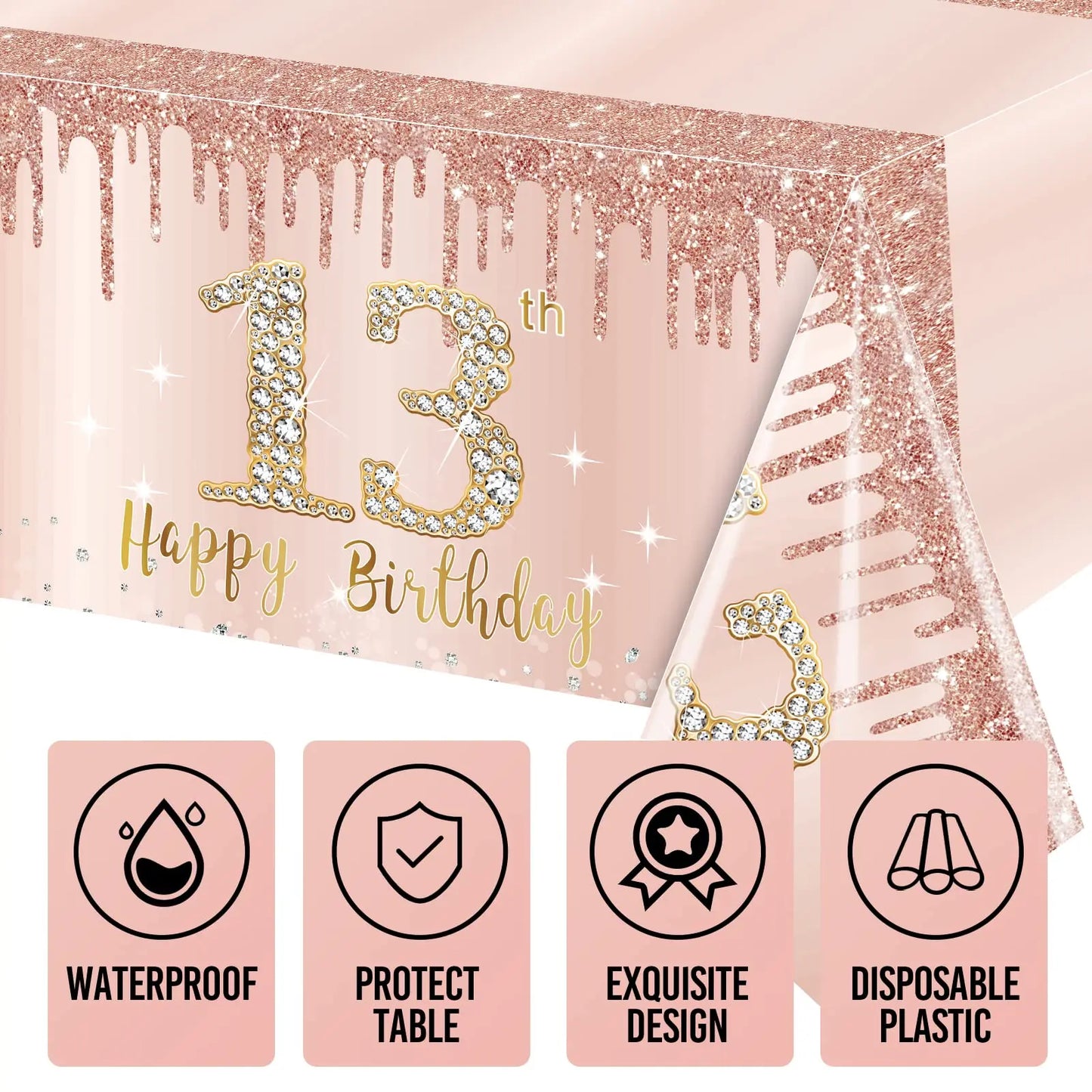 13th Birthday Rose Gold Table Cover | 108×54Inch