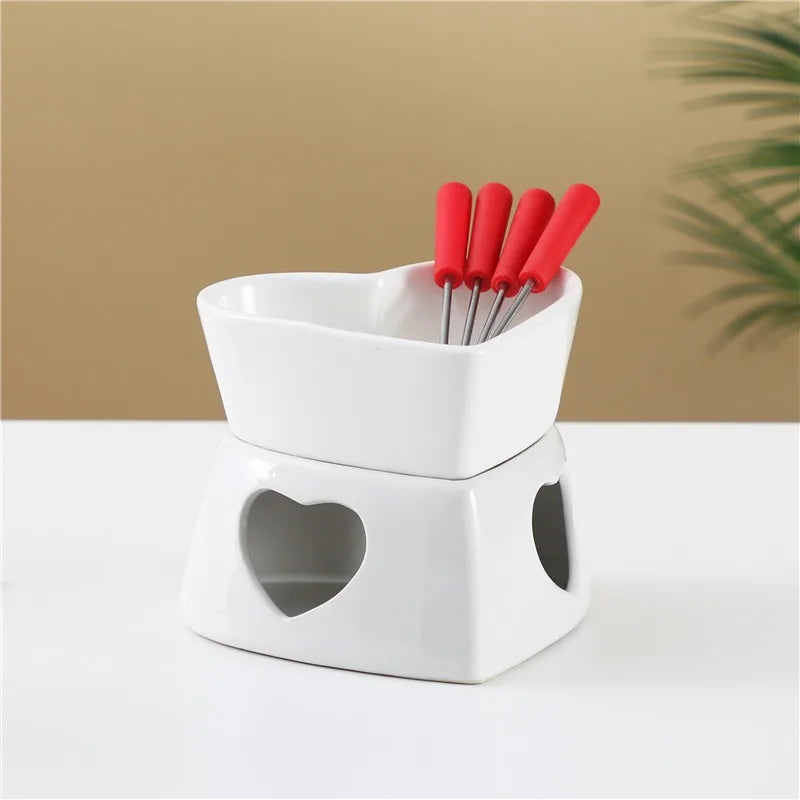 Large Heart Ceramic Chocolate Melting Cup - With 4 Forks