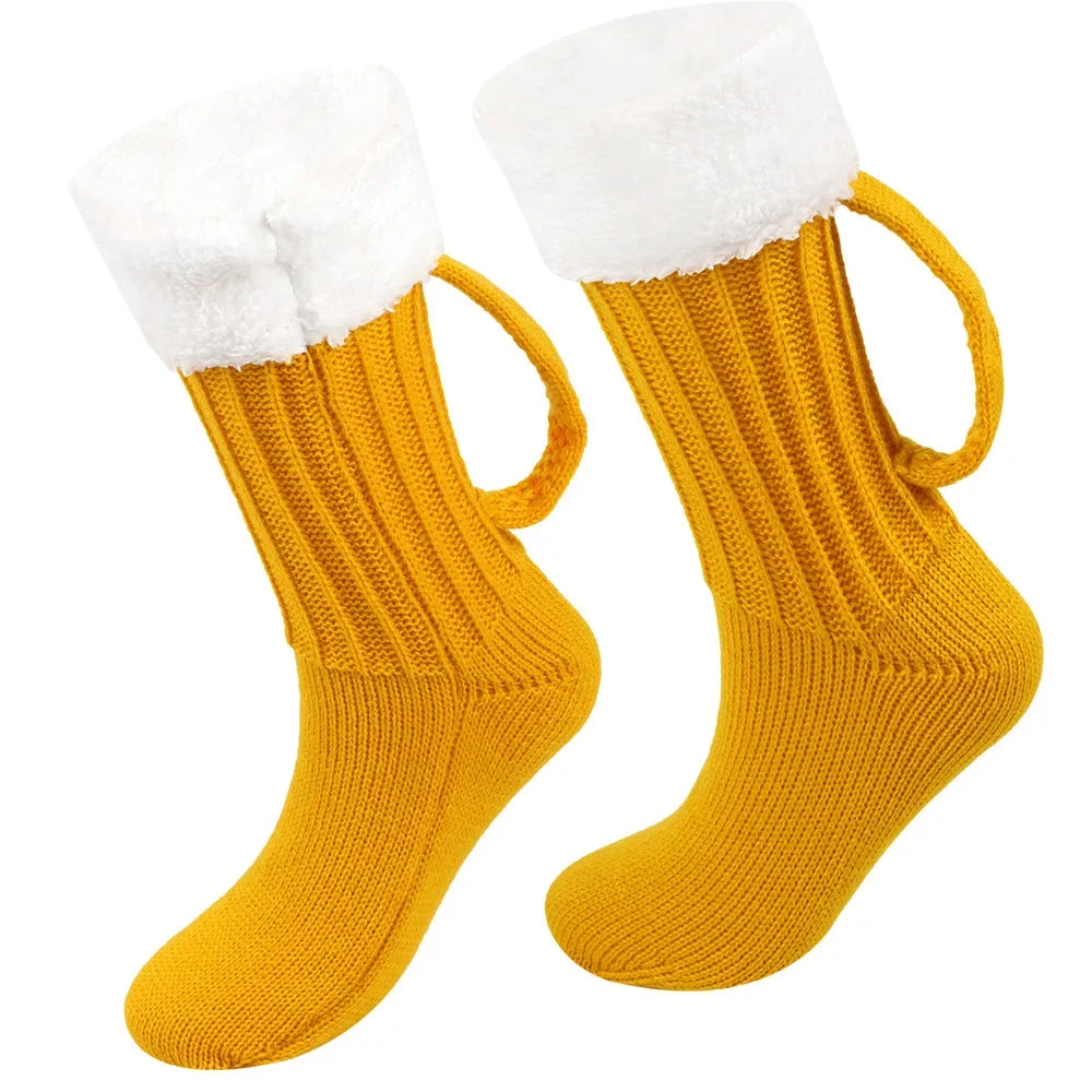 3D Beer Mug Knitted Socks Men's Padded Warm Mid-Calf Socks Women Winter Soft Funny Sleep Floor Socks Woolen Socks Christmas Gift
