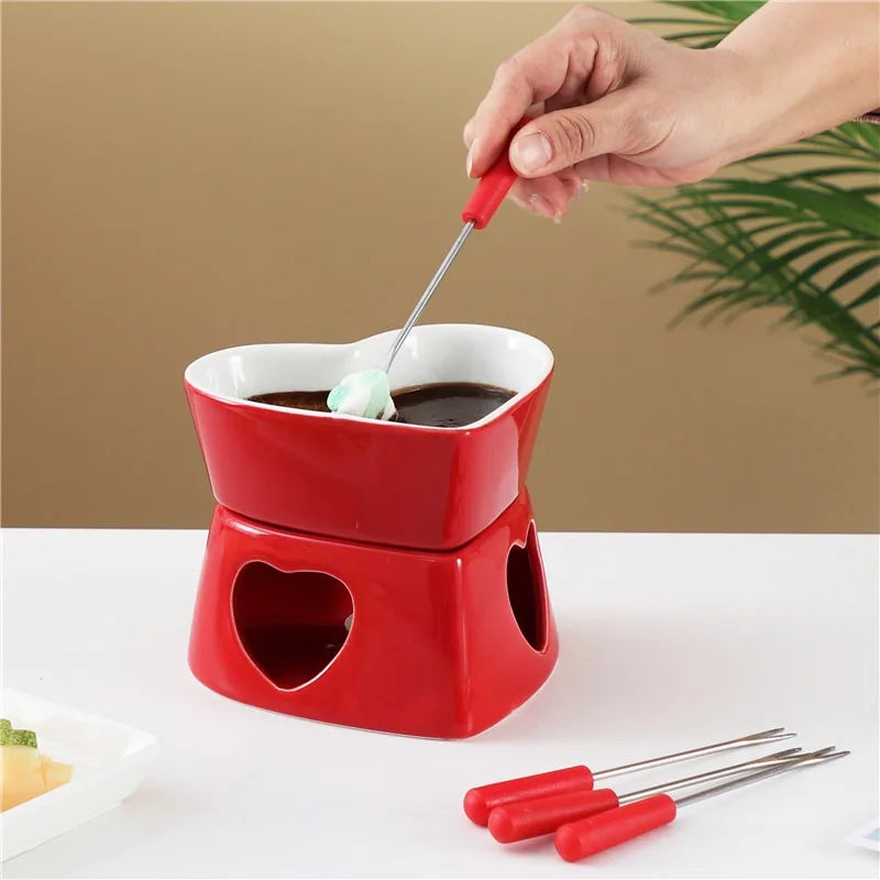 Large Heart Ceramic Chocolate Melting Cup - With 4 Forks