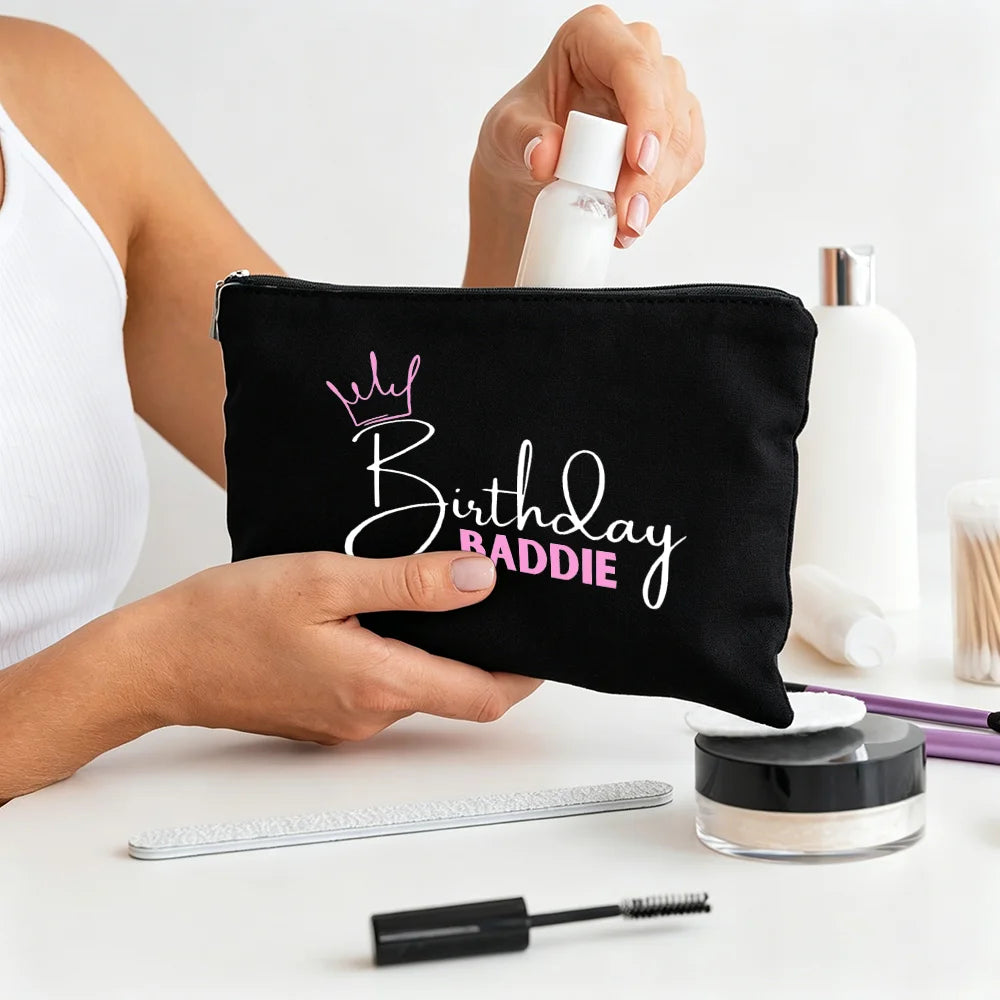 Birthday Baddie | Sash Makeup Bag Birthday Button & Sun Gasses