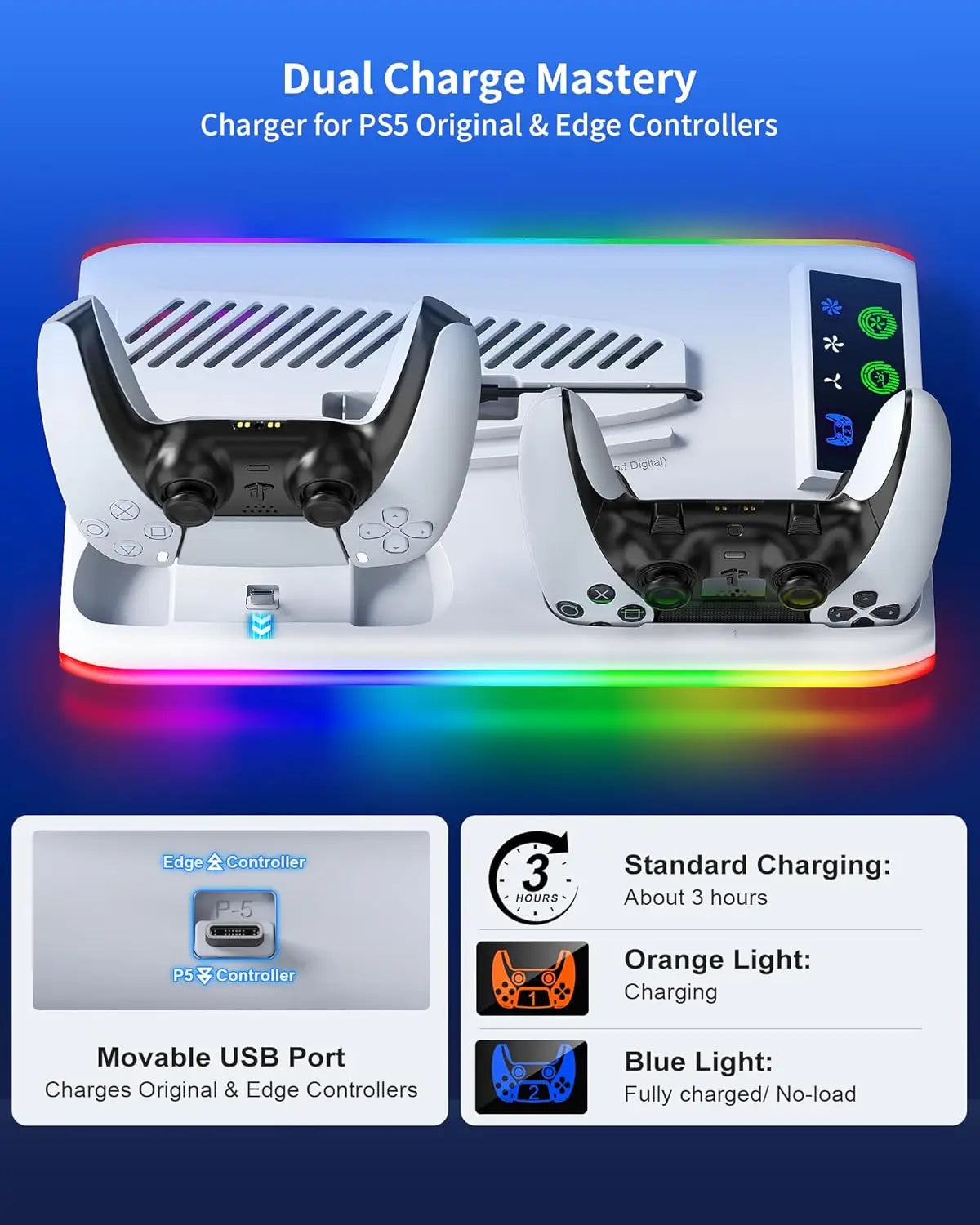 PS5 Pro Cooling Stand with LED Controller Charging Station