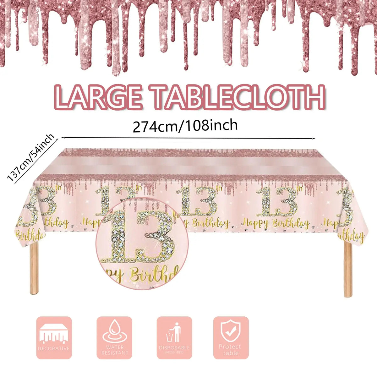 13th Birthday Rose Gold Table Cover | 108×54Inch
