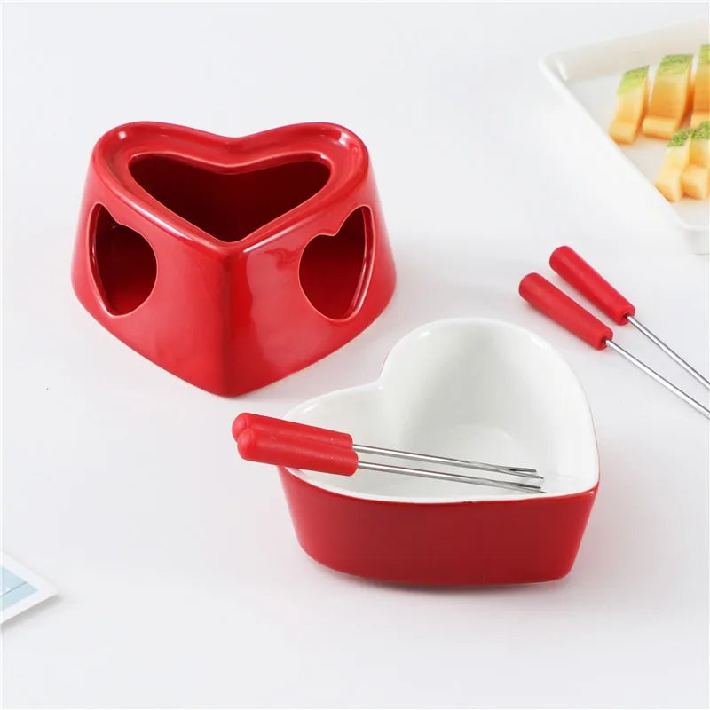 Large Heart Ceramic Chocolate Melting Cup - With 4 Forks