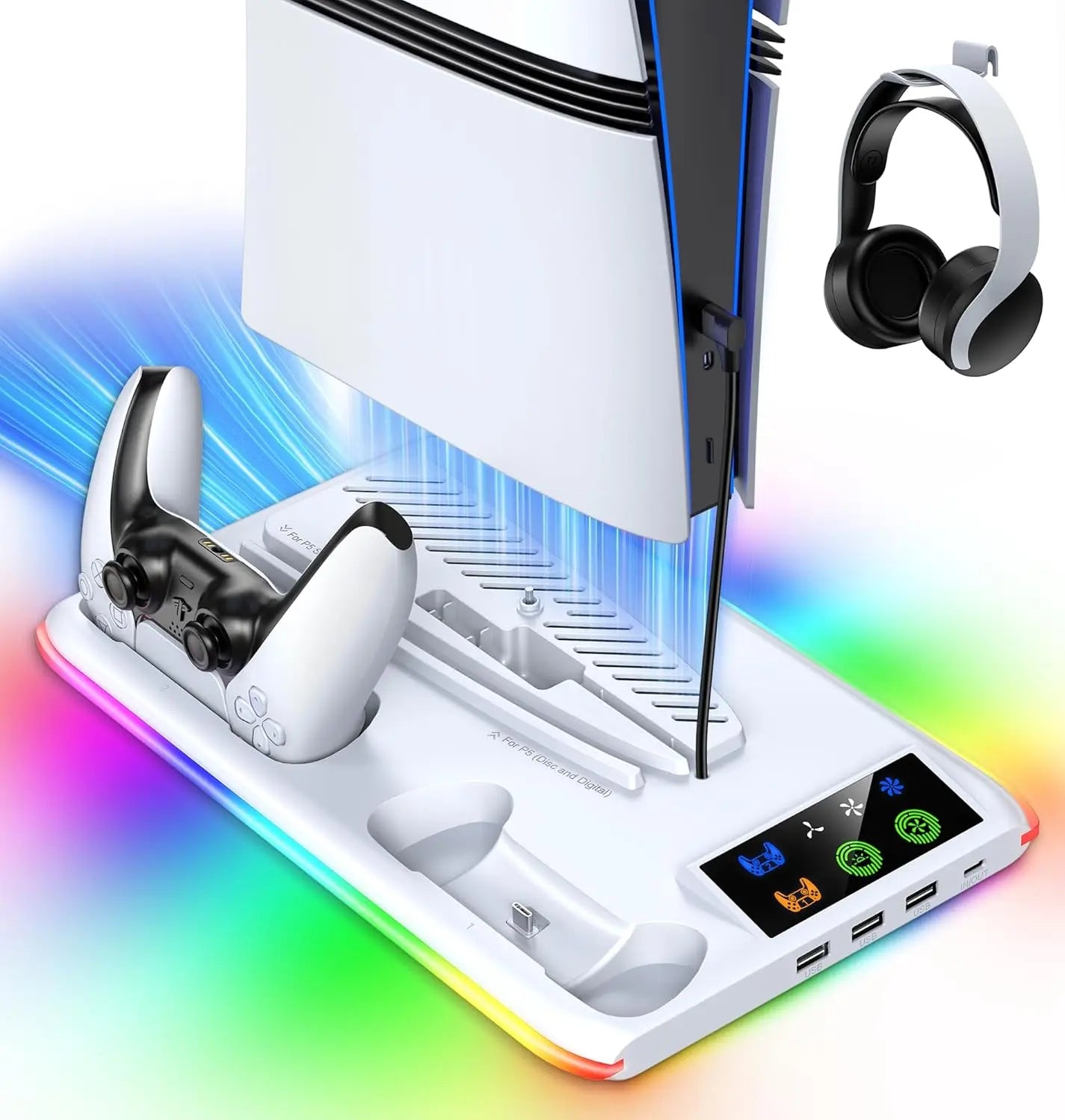PS5 Pro Cooling Stand with LED Controller Charging Station