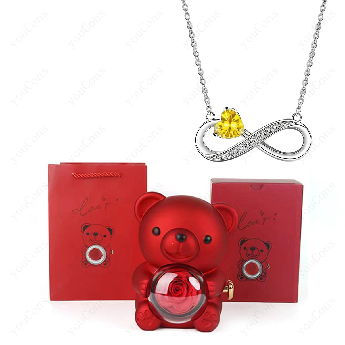Twist Bear Surprise Box with Birthstone Infinity Necklace