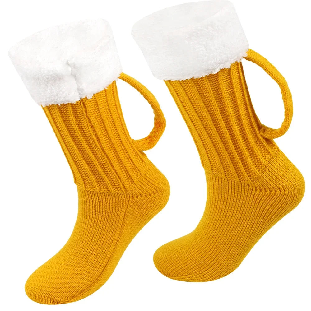 3D Beer Mug Knitted Socks Men's Padded Warm Mid-Calf Socks Women Winter Soft Funny Sleep Floor Socks Woolen Socks Christmas Gift