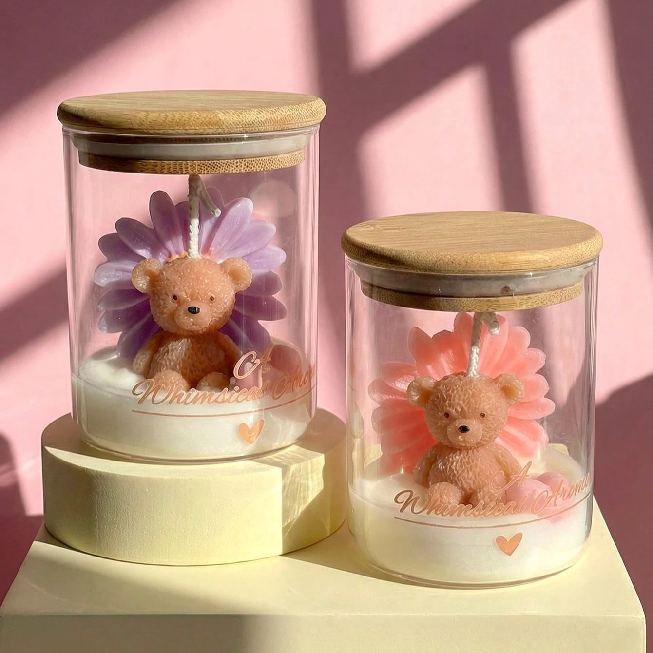 Teddy Bear and Flower Candle in Glass Jar