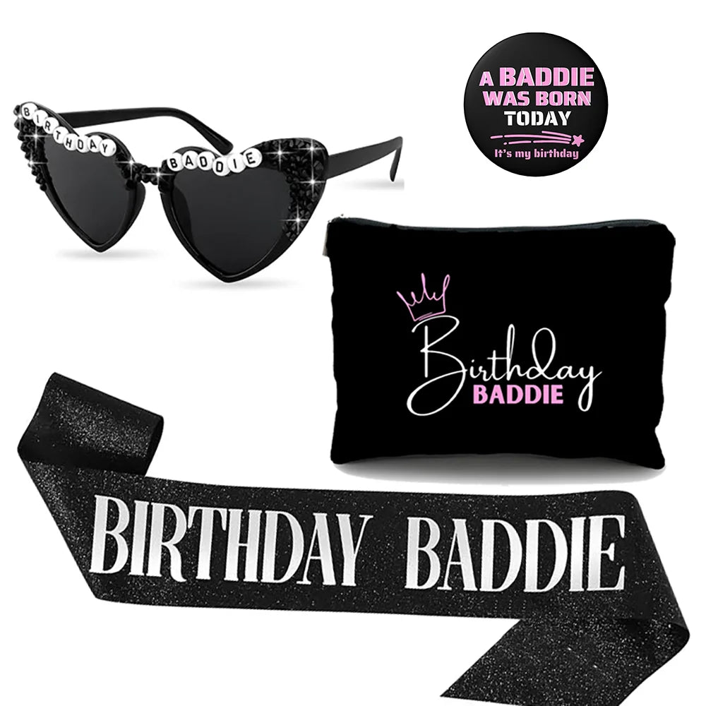 Birthday Baddie | Sash Makeup Bag Birthday Button & Sun Gasses