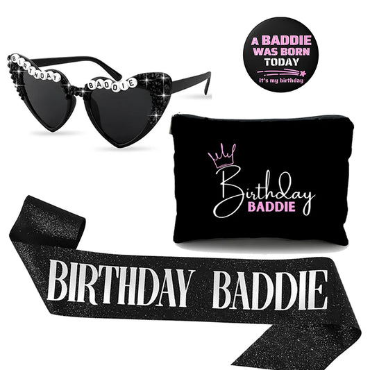 Birthday Baddie | Sash Makeup Bag Birthday Button & Sun Gasses