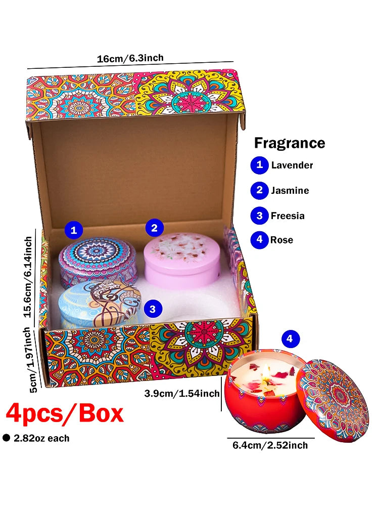 4 Piece Natural Candle Box with dried Flowers and Crystal Stones