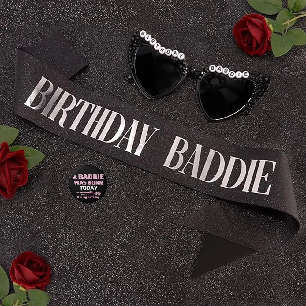 Birthday Baddie | Sash Makeup Bag Birthday Button & Sun Gasses