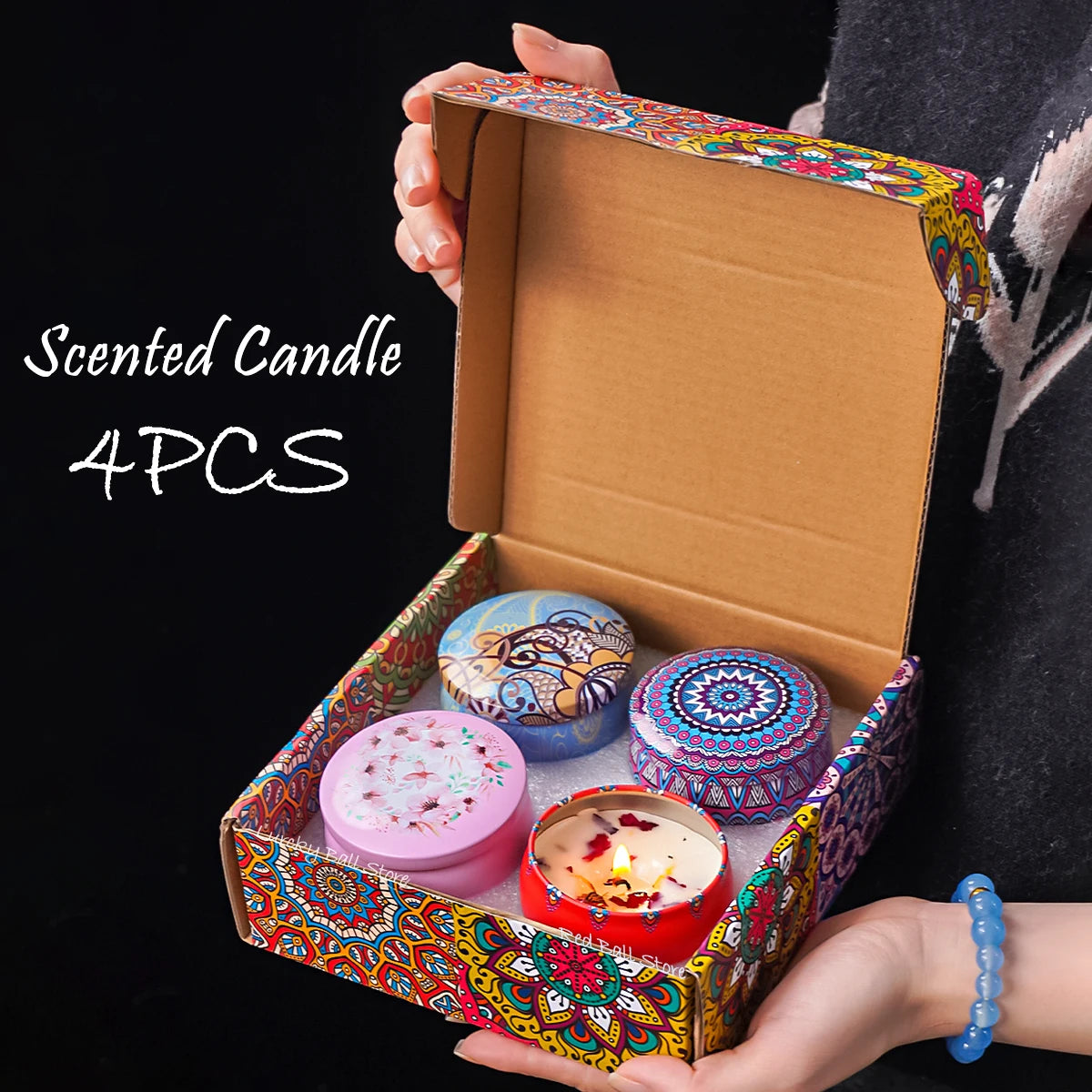 4 Piece Natural Candle Box with dried Flowers and Crystal Stones